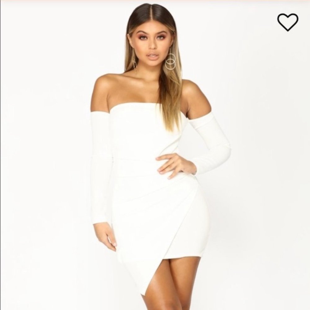 Fashion Nova White Over the Shoulder Bodycon Dress